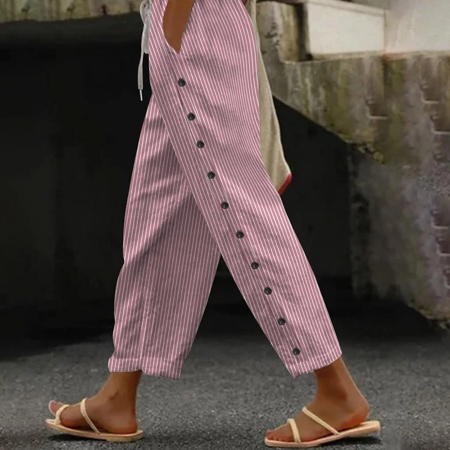 Lounge Pants for Women Cotton Linen Striped Button Down Pants Elastic Waist Pockets Plus Size Ankle Cuffed Pants 2024