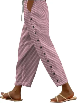 Lounge Pants for Women Cotton Linen Striped Button Down Pants Elastic Waist Pockets Plus Size Ankle Cuffed Pants 2024