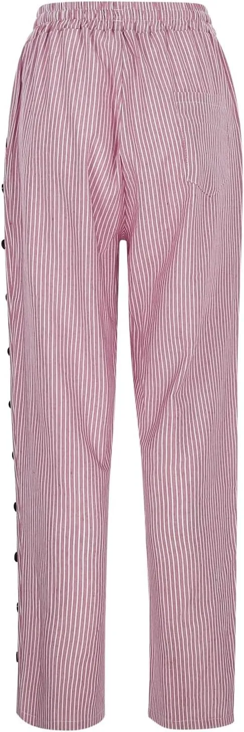 Lounge Pants for Women Cotton Linen Striped Button Down Pants Elastic Waist Pockets Plus Size Ankle Cuffed Pants 2024