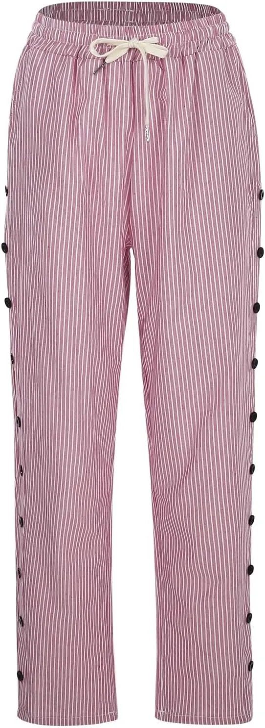 Lounge Pants for Women Cotton Linen Striped Button Down Pants Elastic Waist Pockets Plus Size Ankle Cuffed Pants 2024