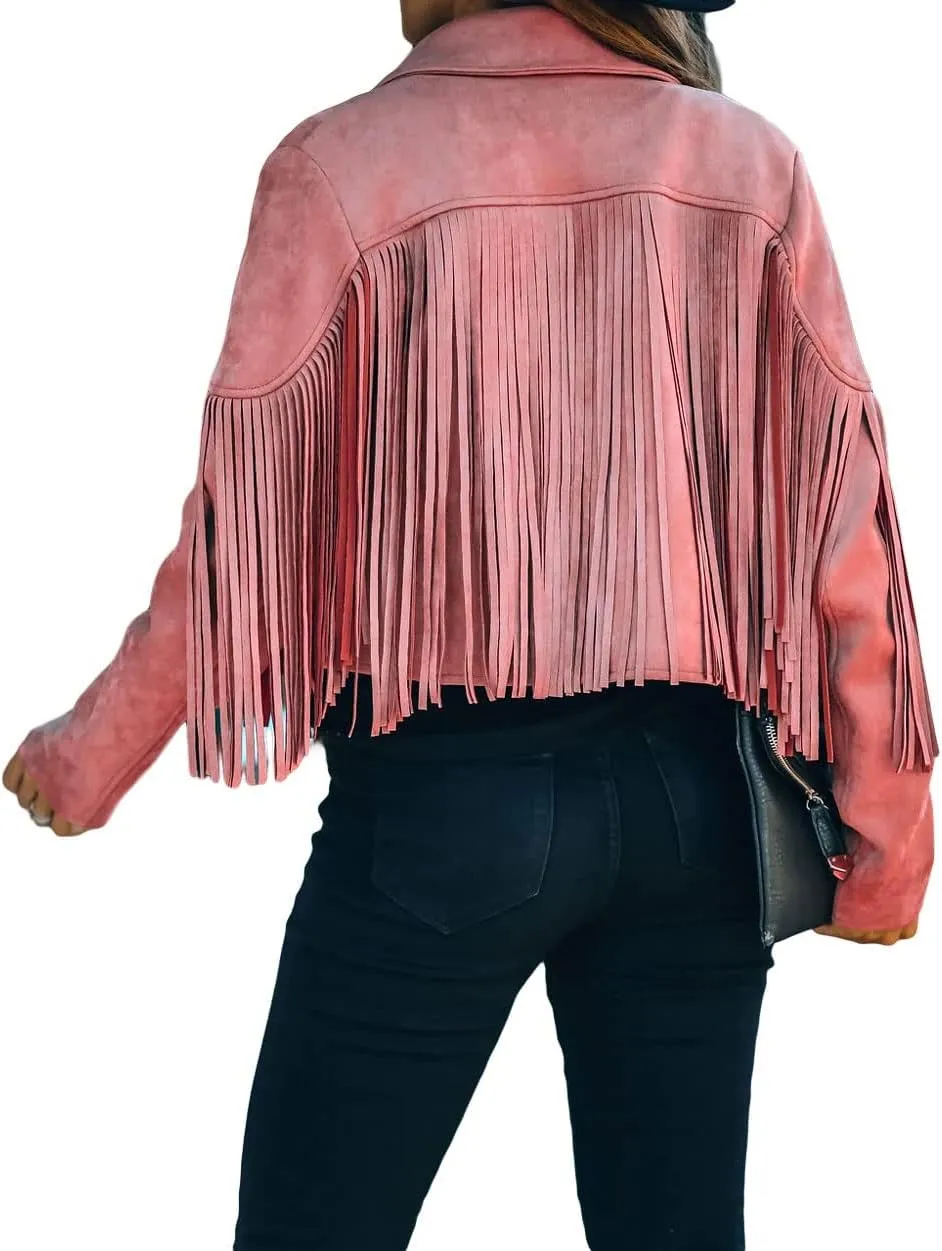 loveimgs Women Faux Suede Fringe Jacket Western Tassel Cropped Jacket Biker Motorcycle Leather Jacket