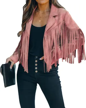 loveimgs Women Faux Suede Fringe Jacket Western Tassel Cropped Jacket Biker Motorcycle Leather Jacket