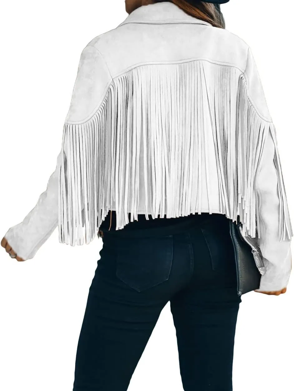 loveimgs Women Faux Suede Fringe Jacket Western Tassel Cropped Jacket Biker Motorcycle Leather Jacket