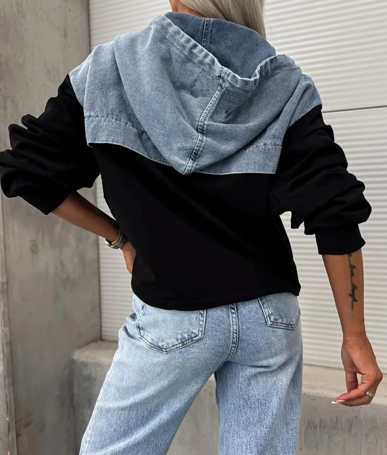 loveimgs Women Loose Denim Shirt Jean Jacket Hoodie Half Zip Pullover Sweatshirt Long Sleeve Hooded Patchwork Jumper