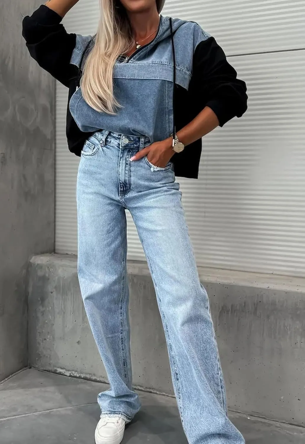 loveimgs Women Loose Denim Shirt Jean Jacket Hoodie Half Zip Pullover Sweatshirt Long Sleeve Hooded Patchwork Jumper