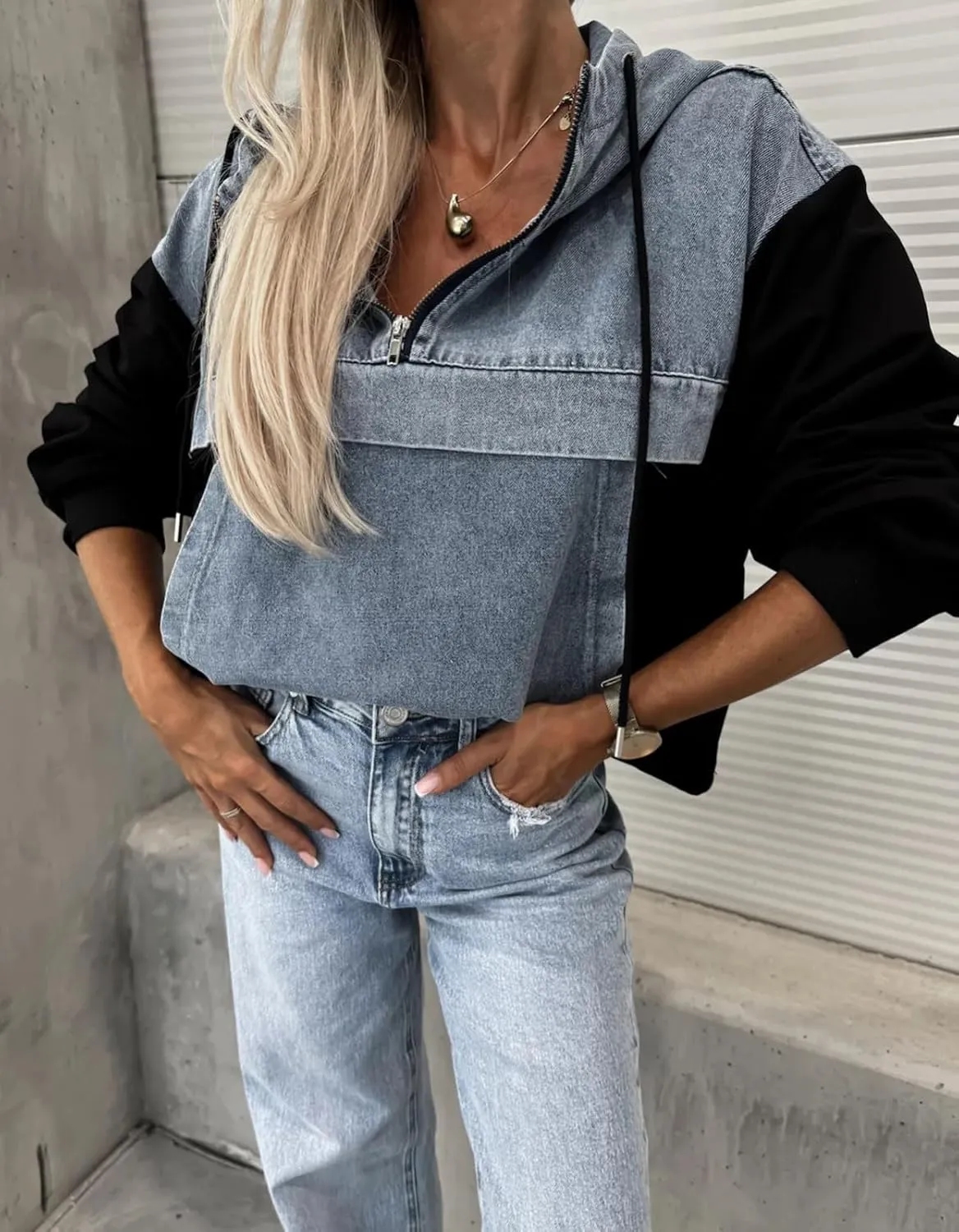loveimgs Women Loose Denim Shirt Jean Jacket Hoodie Half Zip Pullover Sweatshirt Long Sleeve Hooded Patchwork Jumper