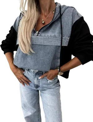 loveimgs Women Loose Denim Shirt Jean Jacket Hoodie Half Zip Pullover Sweatshirt Long Sleeve Hooded Patchwork Jumper