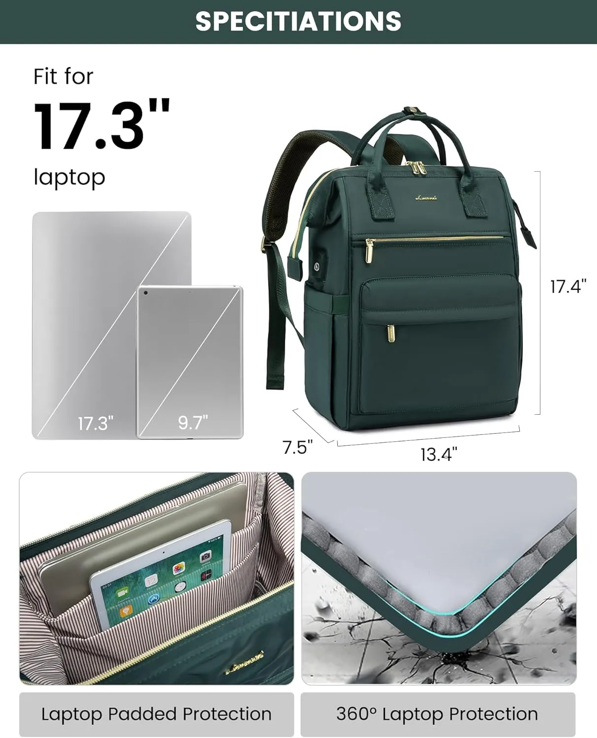 LOVEVOOK Laptop Backpack for Women, 17 Inch Work Teacher Nurse Bag, Large Capacity Business Computer Backpack Purse with USB Port, Stylish Casual Daypack for Travel,Green
