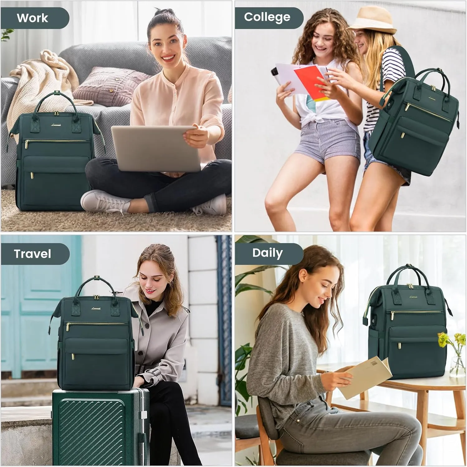LOVEVOOK Laptop Backpack for Women, 17 Inch Work Teacher Nurse Bag, Large Capacity Business Computer Backpack Purse with USB Port, Stylish Casual Daypack for Travel,Green