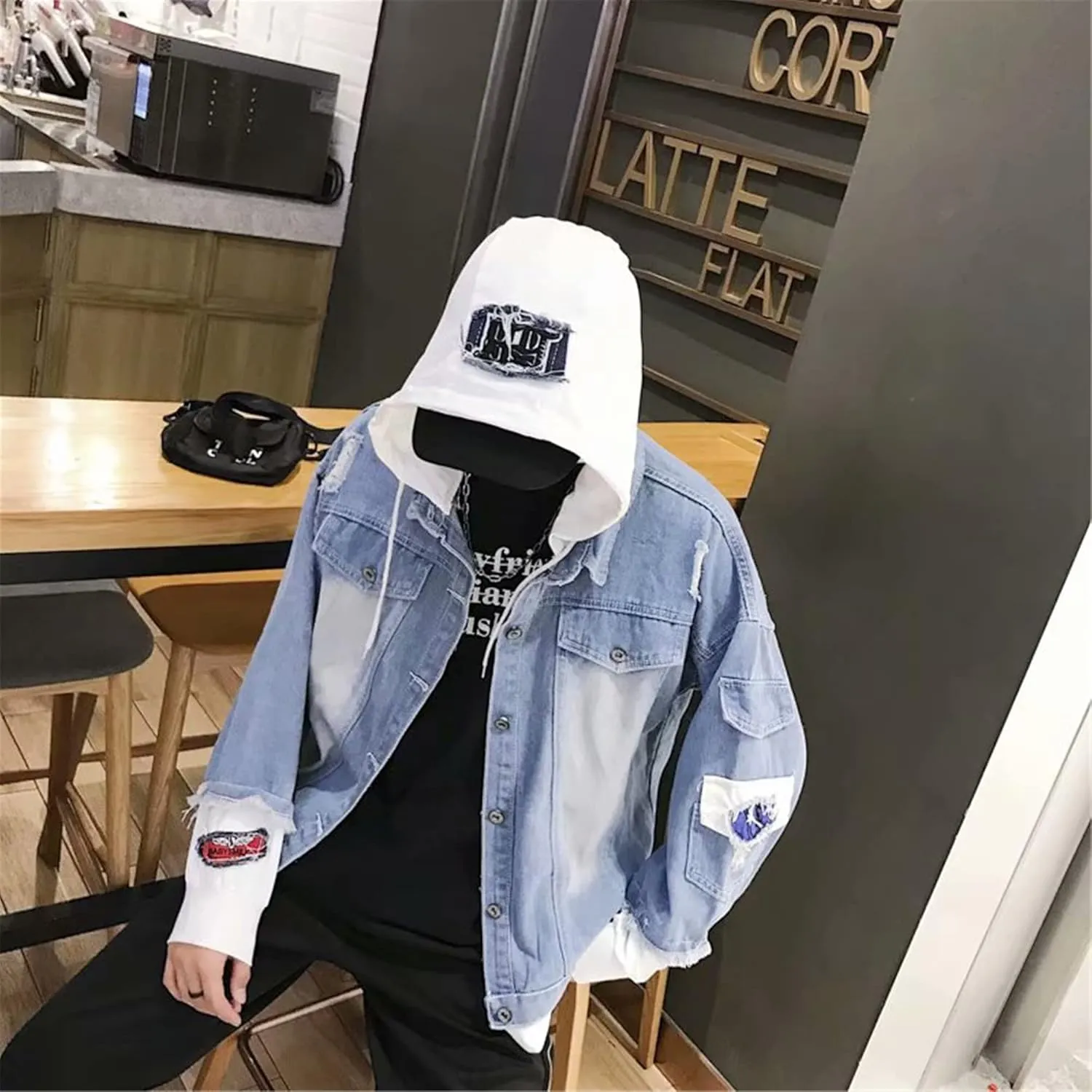 Lpstop Teen Girls Blue Jean Jacket LOVE-ROSE Denim Hoodies Y2K Fashion Hoodie for Women