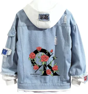 Lpstop Teen Girls Blue Jean Jacket LOVE-ROSE Denim Hoodies Y2K Fashion Hoodie for Women