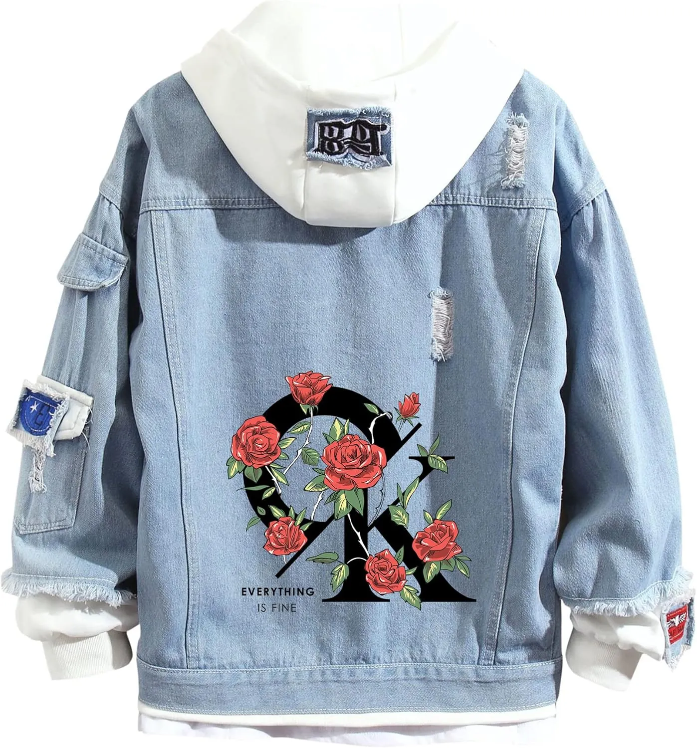 Lpstop Teen Girls Blue Jean Jacket LOVE-ROSE Denim Hoodies Y2K Fashion Hoodie for Women