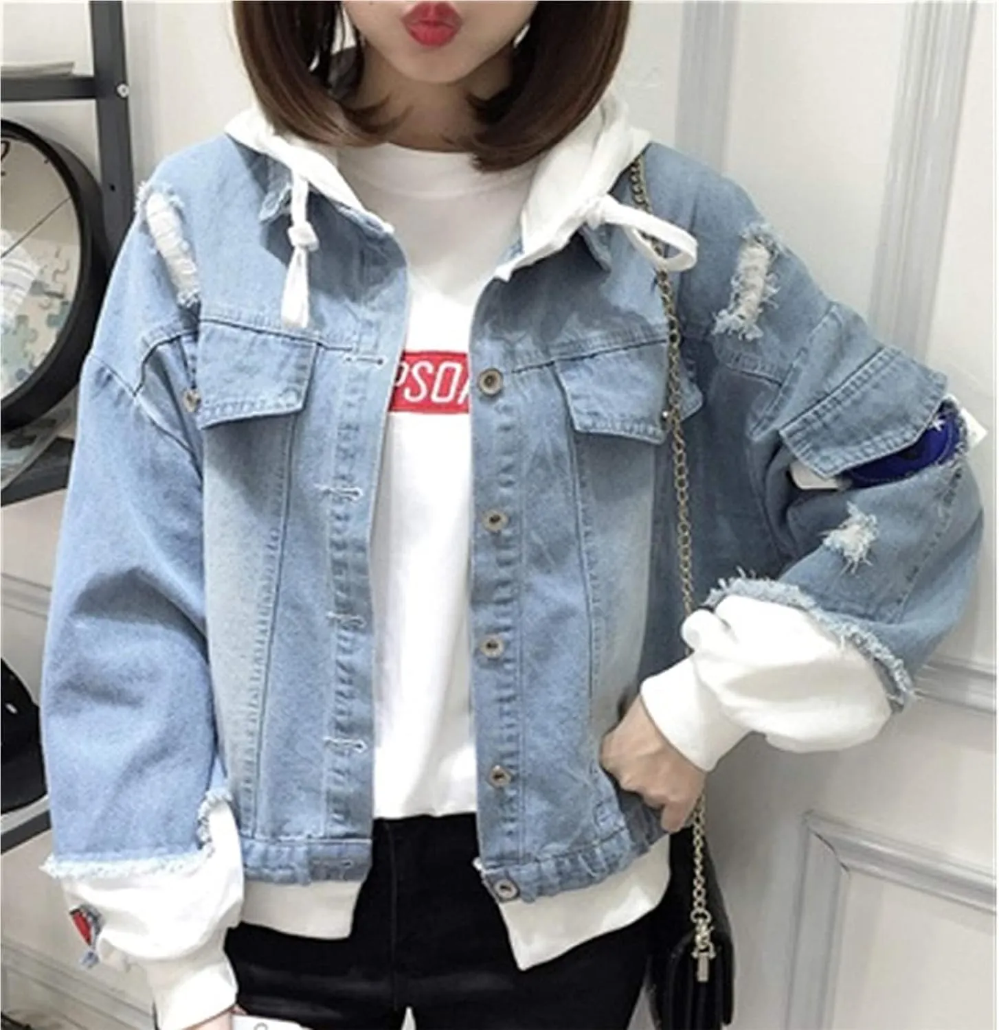 Lpstop Teen Girls Blue Jean Jacket LOVE-ROSE Denim Hoodies Y2K Fashion Hoodie for Women