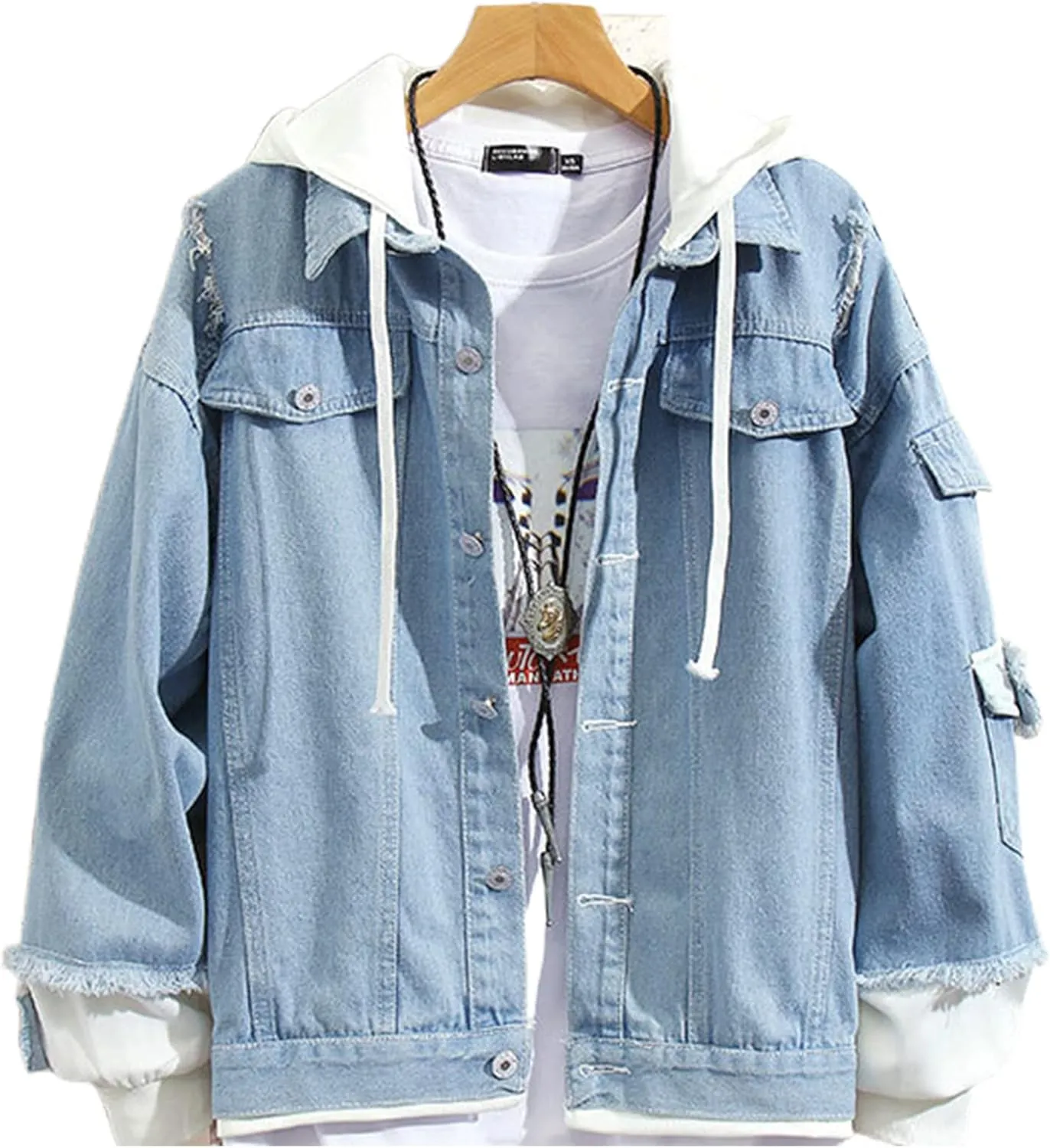 Lpstop Teen Girls Blue Jean Jacket LOVE-ROSE Denim Hoodies Y2K Fashion Hoodie for Women