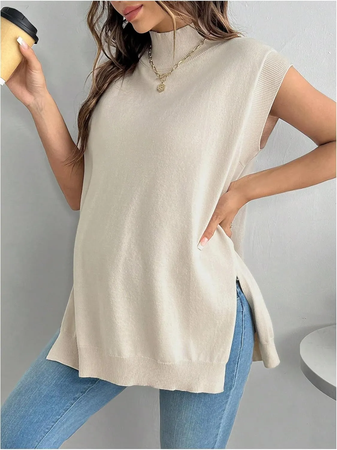 MakeMeChic Women's Maternity Sweater Vest Mock Neck Sleeveless Slit Hem Pregnancy Knit Sweater Tops