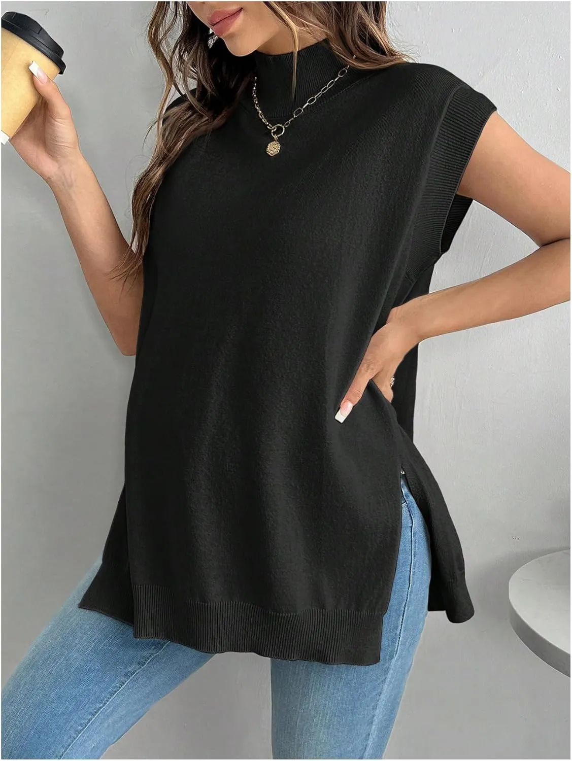 MakeMeChic Women's Maternity Sweater Vest Mock Neck Sleeveless Slit Hem Pregnancy Knit Sweater Tops