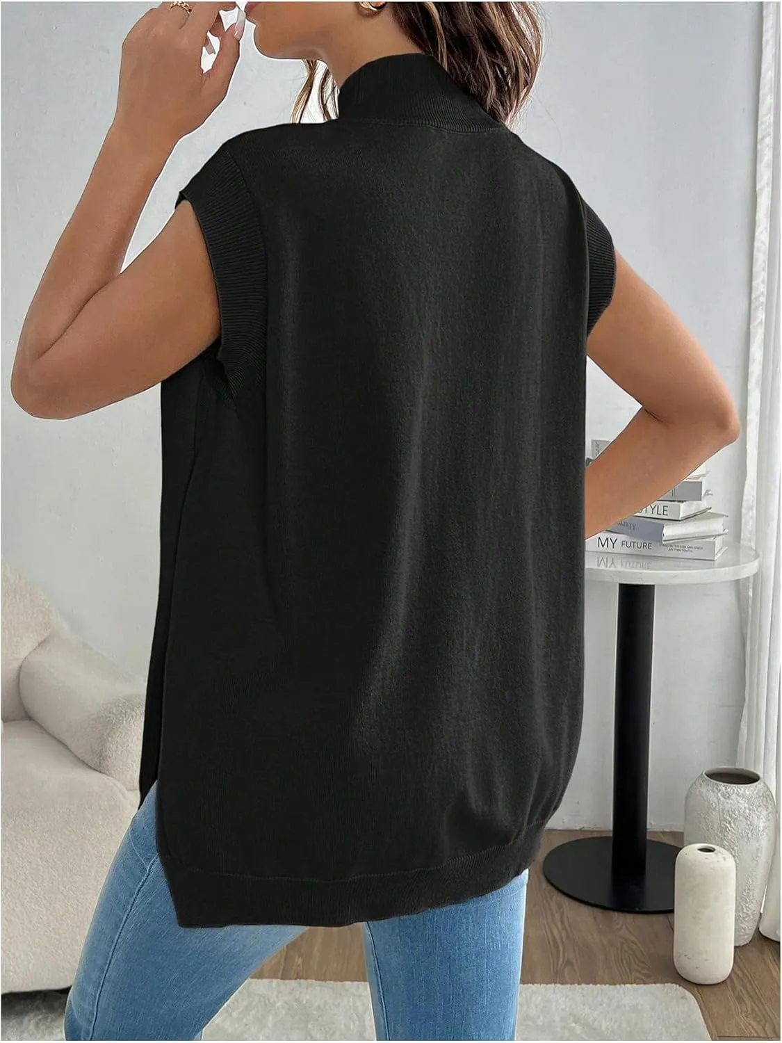 MakeMeChic Women's Maternity Sweater Vest Mock Neck Sleeveless Slit Hem Pregnancy Knit Sweater Tops