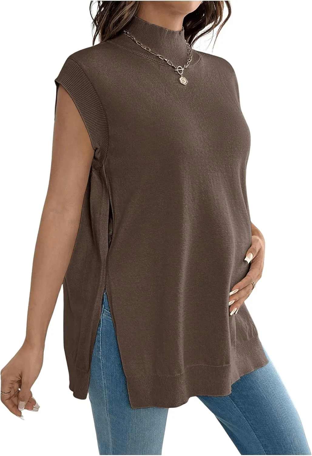 MakeMeChic Women's Maternity Sweater Vest Mock Neck Sleeveless Slit Hem Pregnancy Knit Sweater Tops