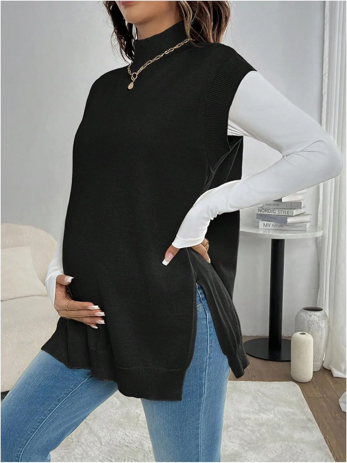 MakeMeChic Women's Maternity Sweater Vest Mock Neck Sleeveless Slit Hem Pregnancy Knit Sweater Tops