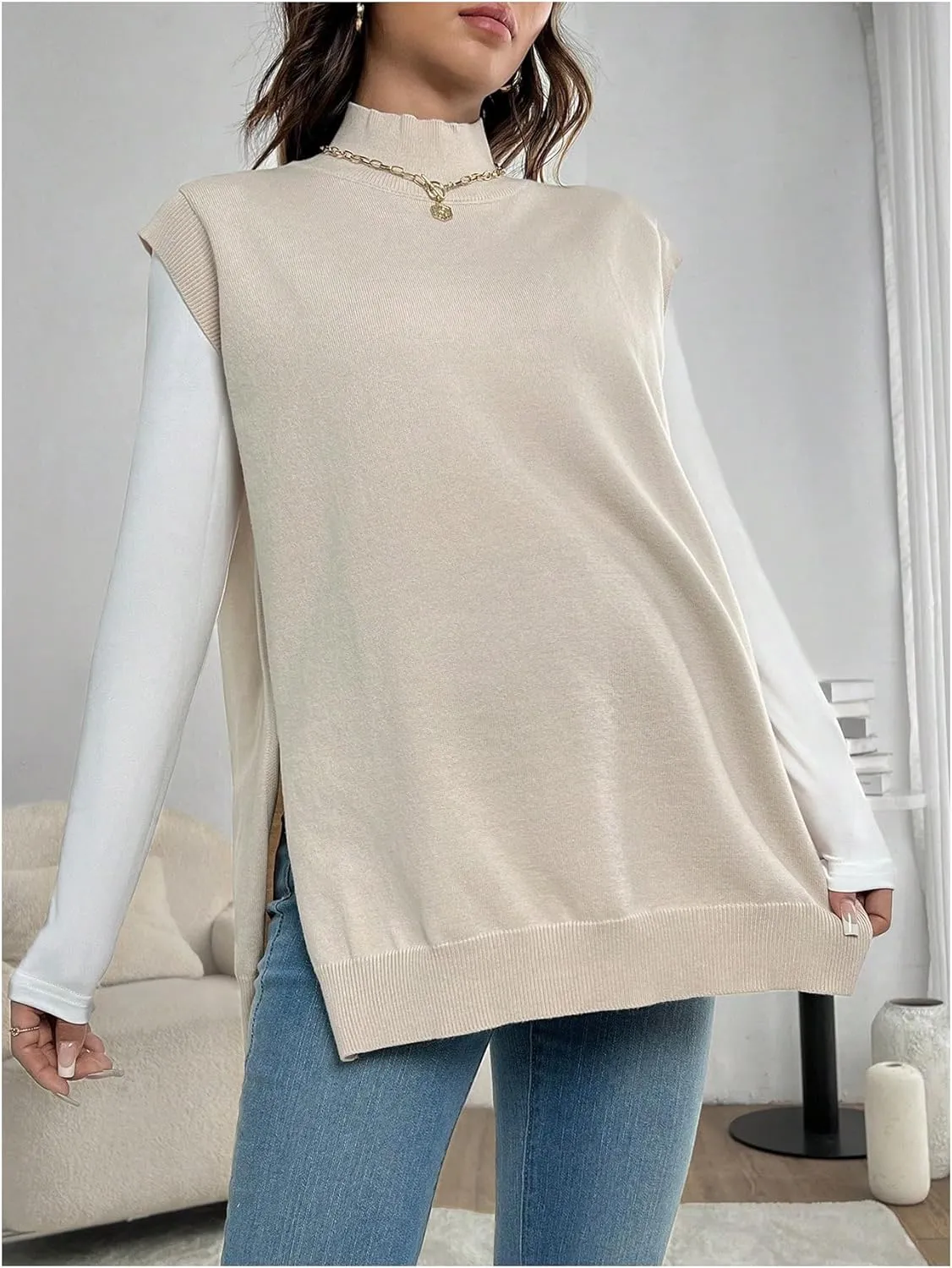 MakeMeChic Women's Maternity Sweater Vest Mock Neck Sleeveless Slit Hem Pregnancy Knit Sweater Tops