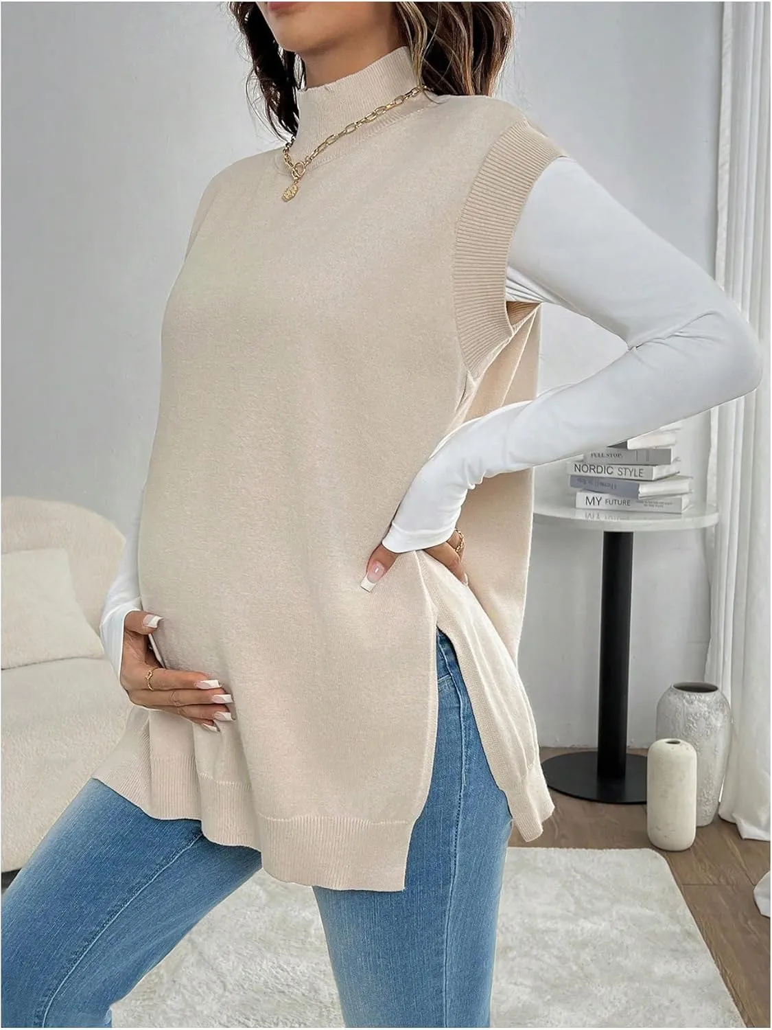 MakeMeChic Women's Maternity Sweater Vest Mock Neck Sleeveless Slit Hem Pregnancy Knit Sweater Tops