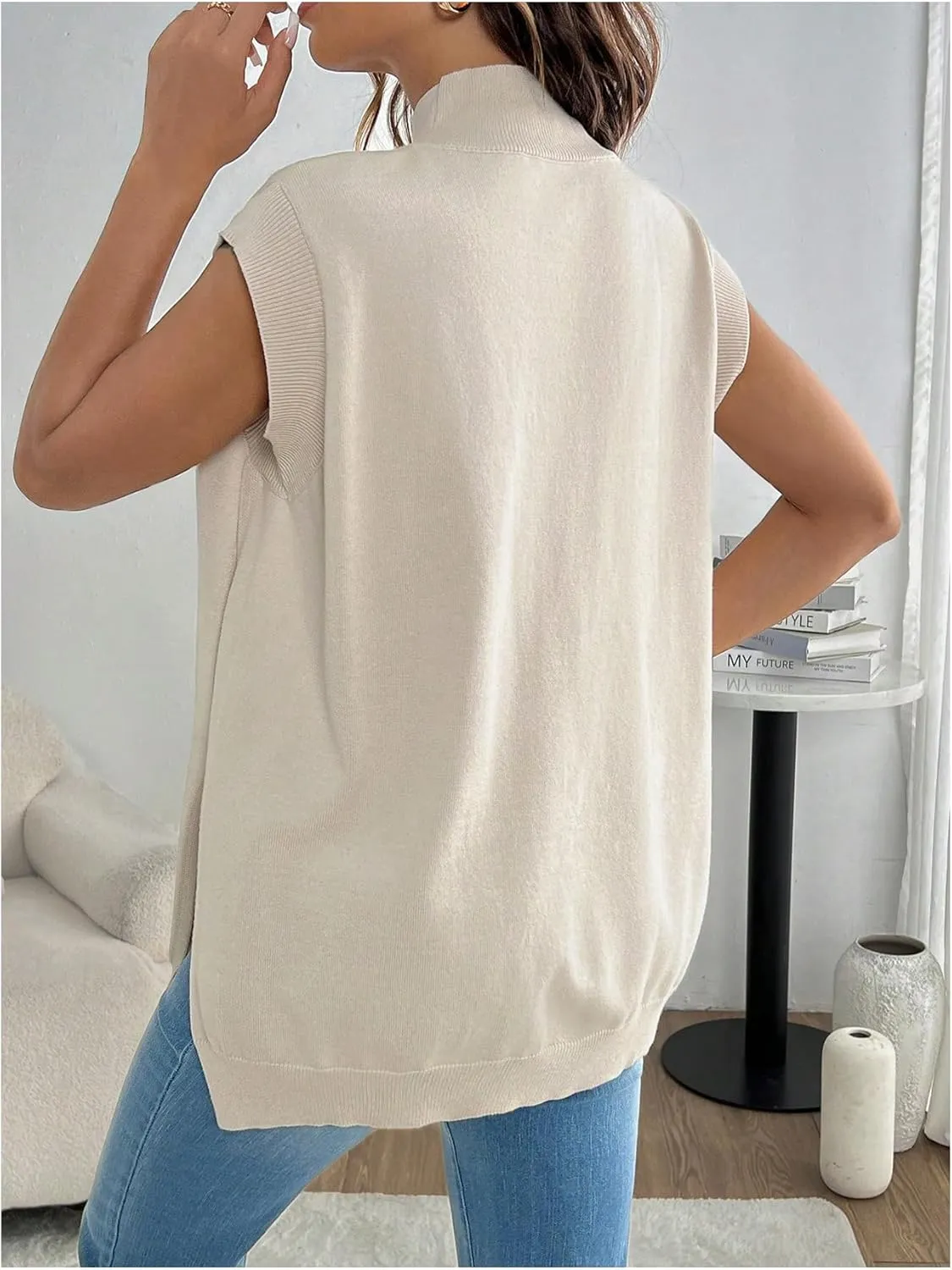 MakeMeChic Women's Maternity Sweater Vest Mock Neck Sleeveless Slit Hem Pregnancy Knit Sweater Tops