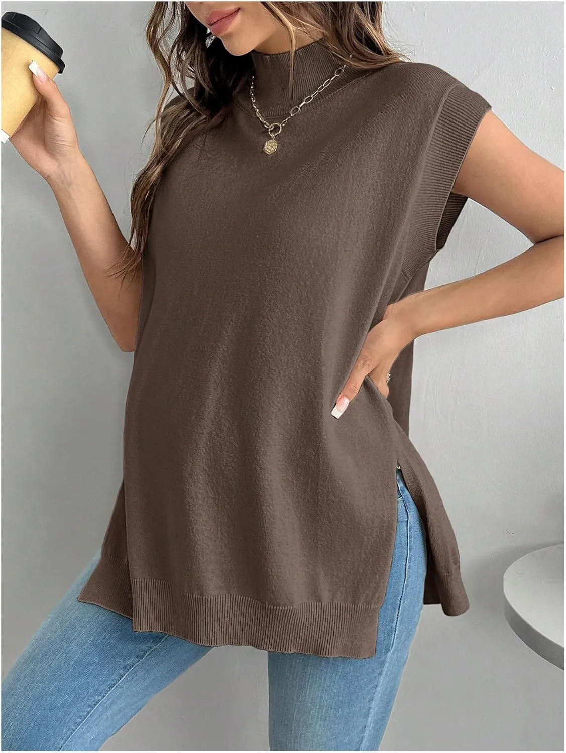 MakeMeChic Women's Maternity Sweater Vest Mock Neck Sleeveless Slit Hem Pregnancy Knit Sweater Tops