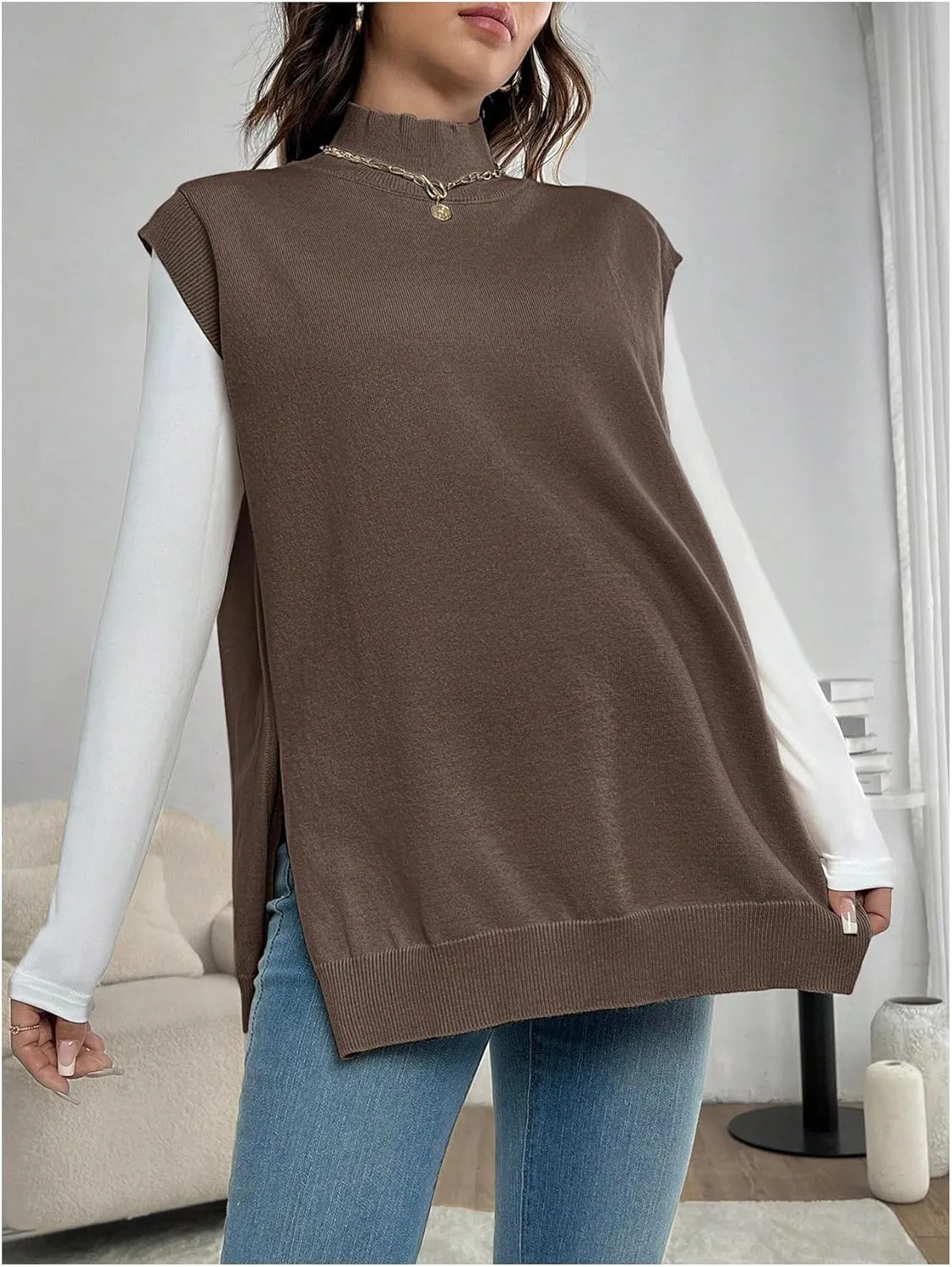 MakeMeChic Women's Maternity Sweater Vest Mock Neck Sleeveless Slit Hem Pregnancy Knit Sweater Tops