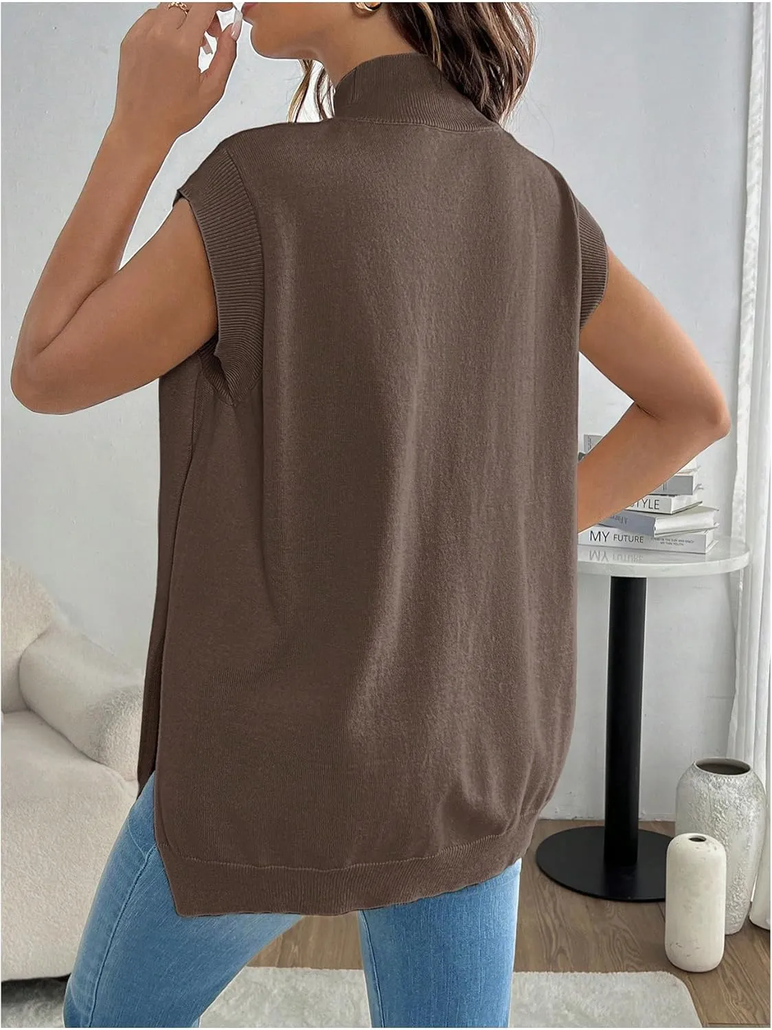 MakeMeChic Women's Maternity Sweater Vest Mock Neck Sleeveless Slit Hem Pregnancy Knit Sweater Tops