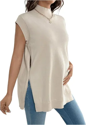 MakeMeChic Women's Maternity Sweater Vest Mock Neck Sleeveless Slit Hem Pregnancy Knit Sweater Tops
