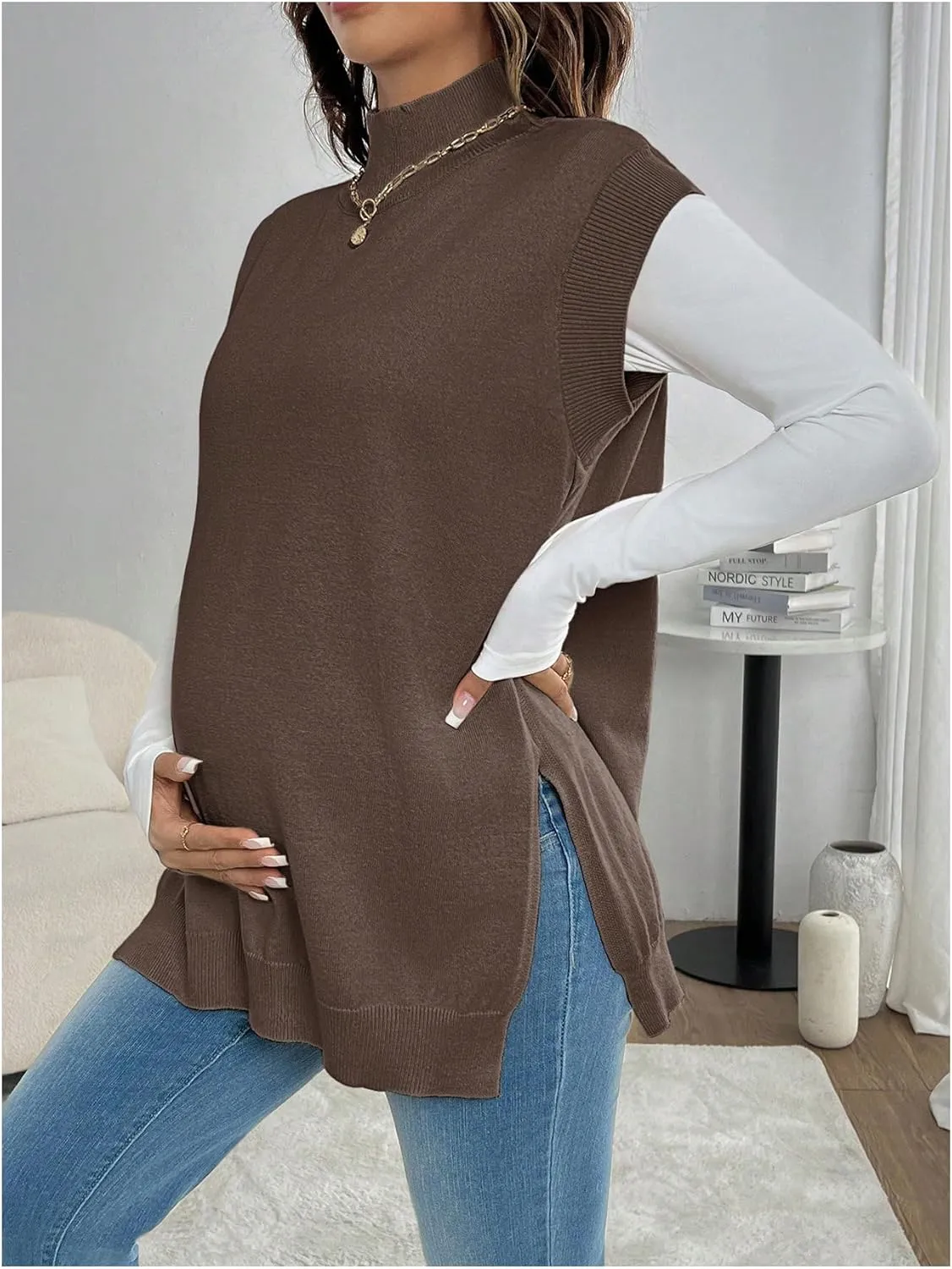 MakeMeChic Women's Maternity Sweater Vest Mock Neck Sleeveless Slit Hem Pregnancy Knit Sweater Tops