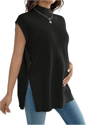MakeMeChic Women's Maternity Sweater Vest Mock Neck Sleeveless Slit Hem Pregnancy Knit Sweater Tops