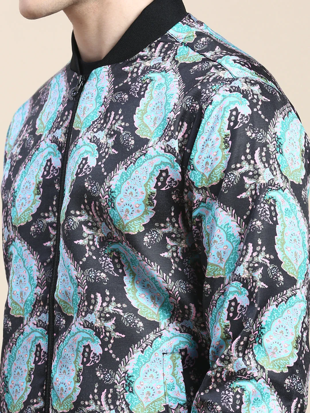 Men Black Printed Casual Bomber Jacket