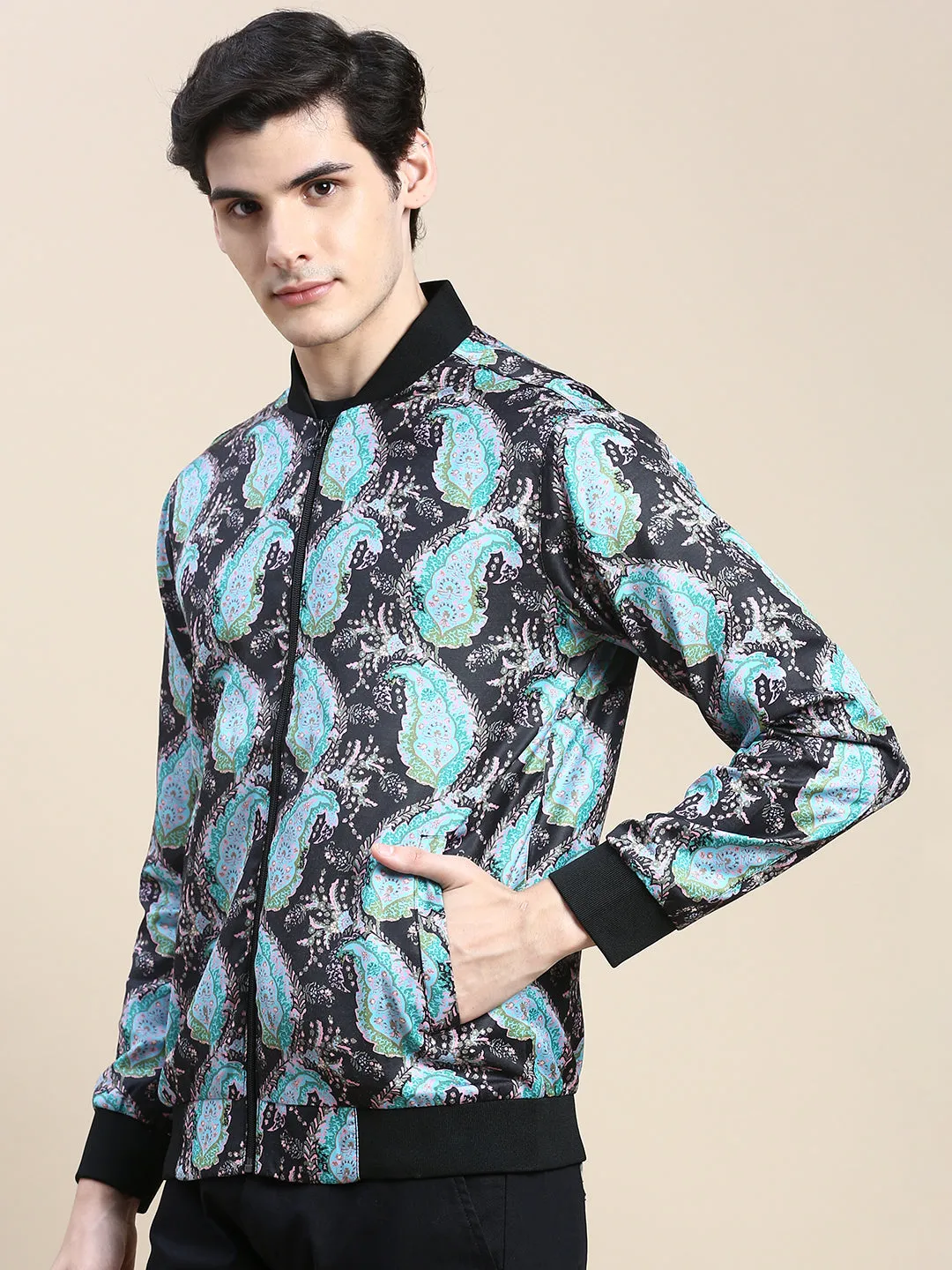Men Black Printed Casual Bomber Jacket