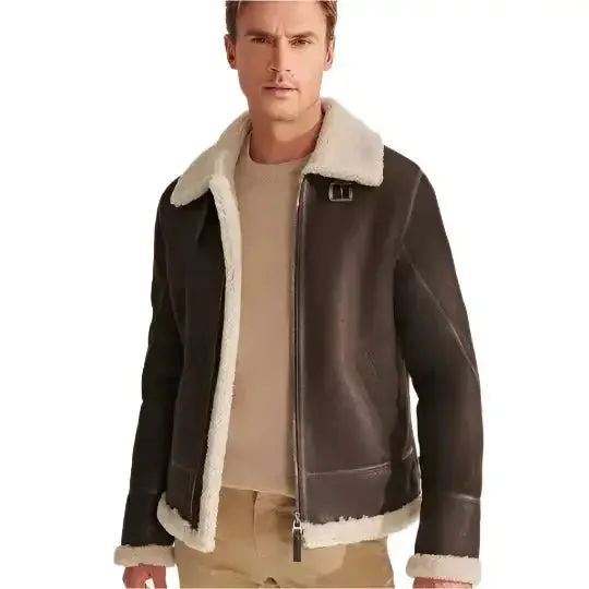 Men's Brown Shearling Pilot Leather Aviator Jacket – Stylish & Cozy