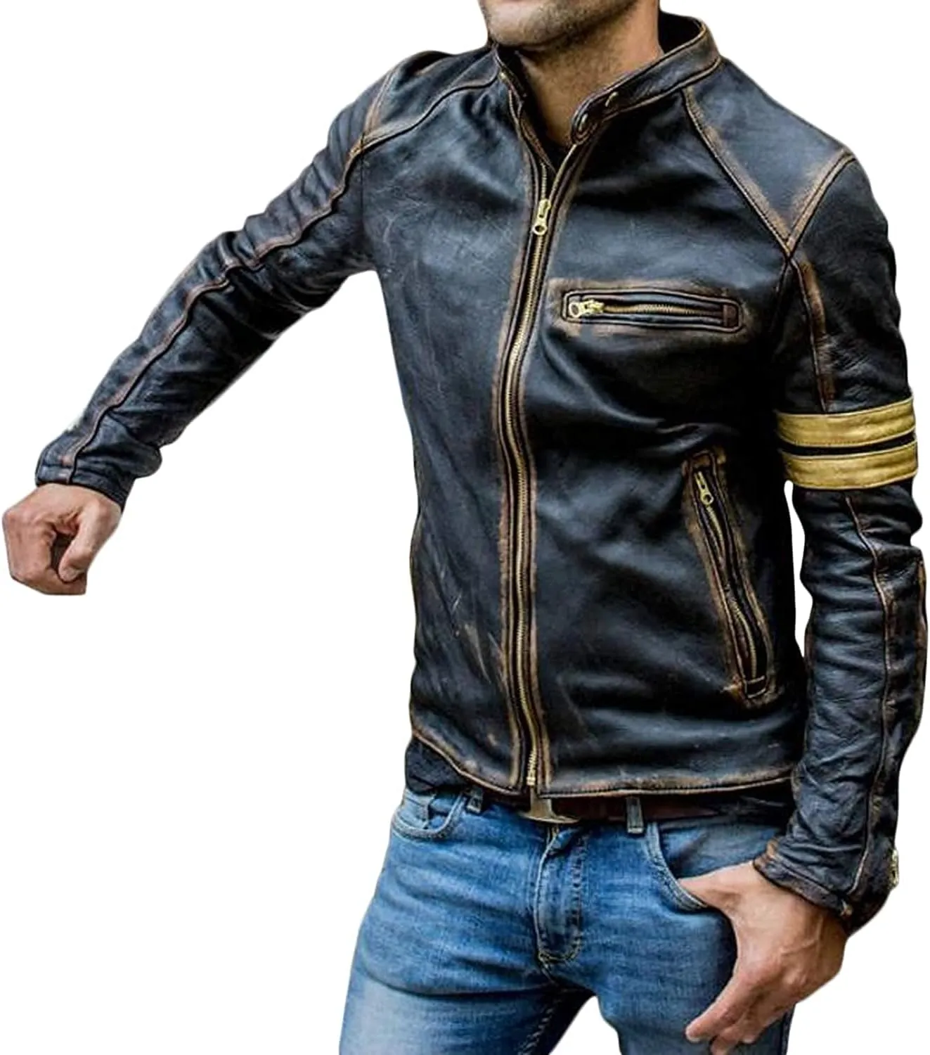 Mens Cafe Racer Motorcycle Leather Jacket Genuine Sheepskin Vintage Moto Biker Collection