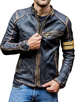 Mens Cafe Racer Motorcycle Leather Jacket Genuine Sheepskin Vintage Moto Biker Collection