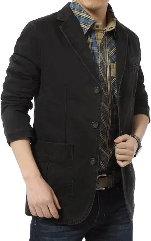 Men's Casual Three-Button Coat Lined Cotton Twill Suit Blazer Jacket Notch Lapel Vintage Jacket Sport Coat