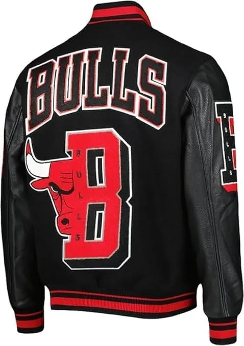 Men's Chicago Vintage Baseball Game Letterman Bull Black Wool & Leather Jacket