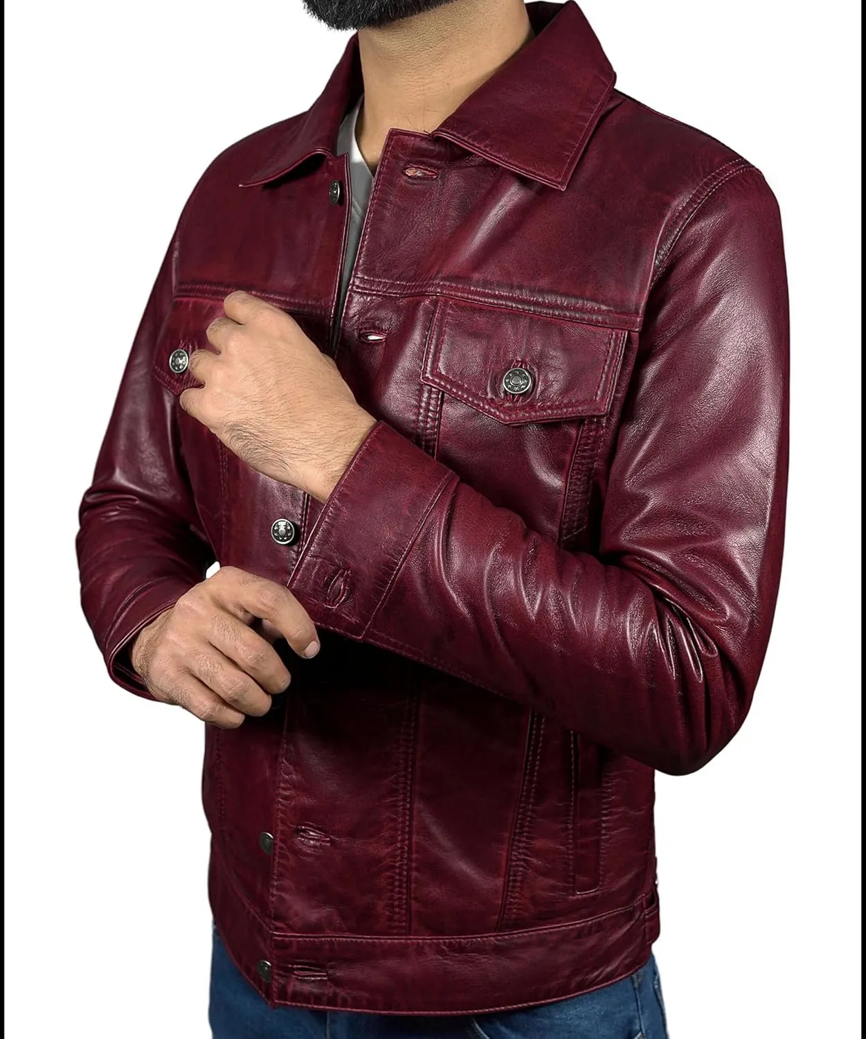 Mens Classic Vintage Shirt Style Real Lambskin Trucker Jacket - Leather Trucker Jackets for Men