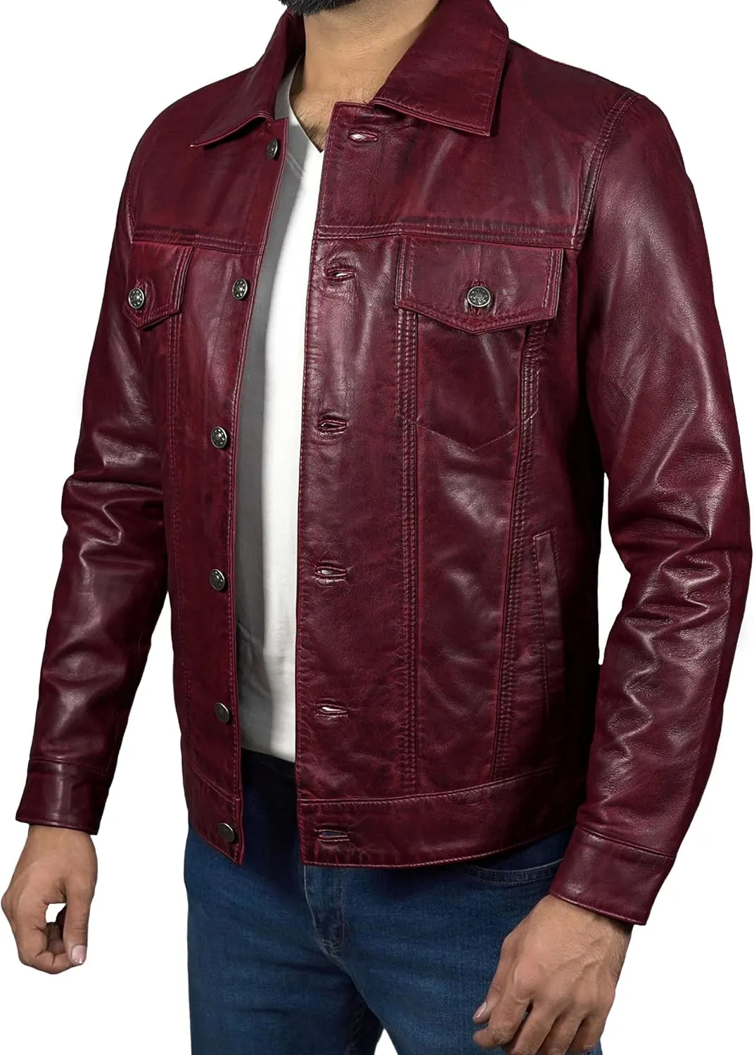 Mens Classic Vintage Shirt Style Real Lambskin Trucker Jacket - Leather Trucker Jackets for Men