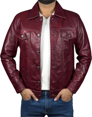 Mens Classic Vintage Shirt Style Real Lambskin Trucker Jacket - Leather Trucker Jackets for Men