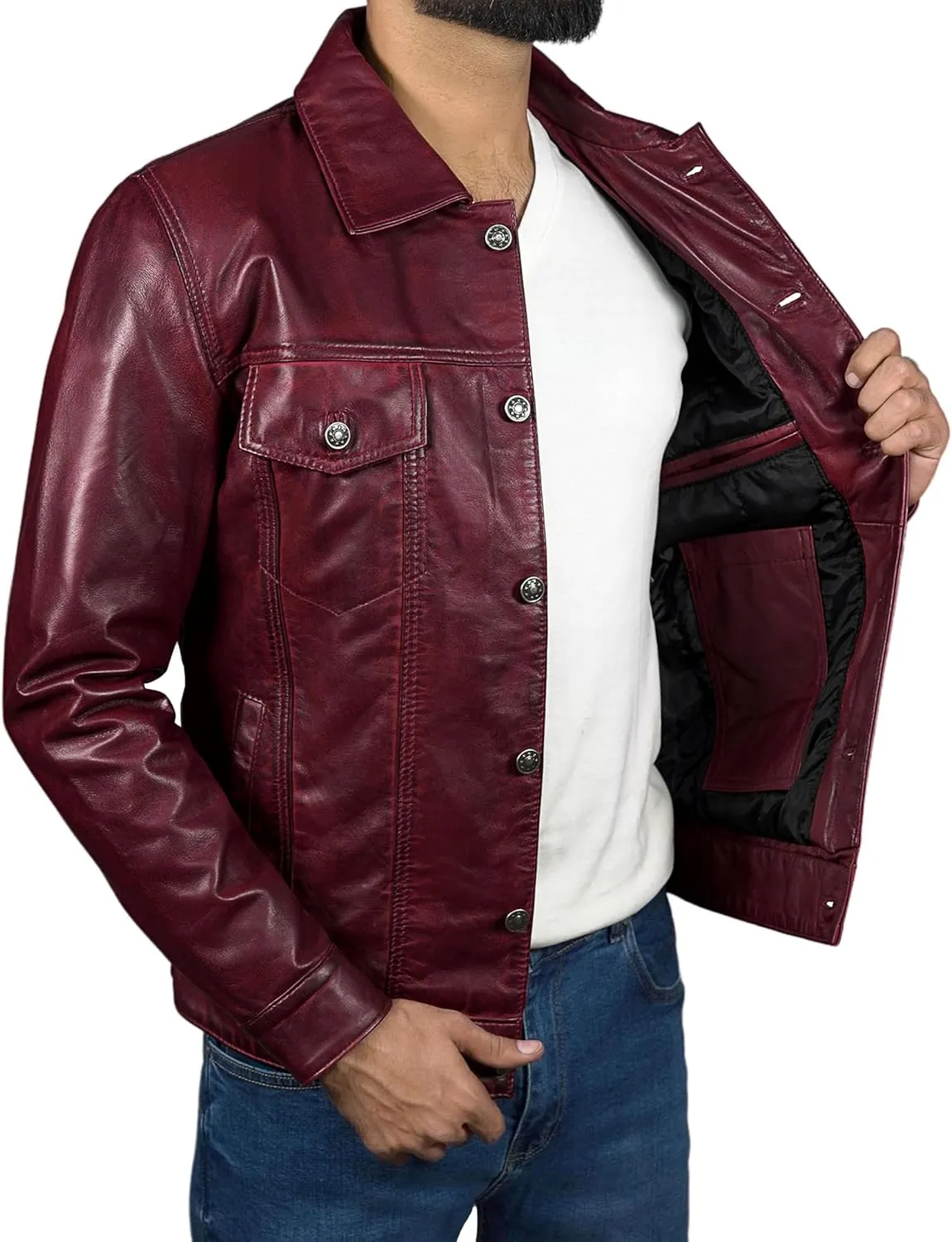 Mens Classic Vintage Shirt Style Real Lambskin Trucker Jacket - Leather Trucker Jackets for Men