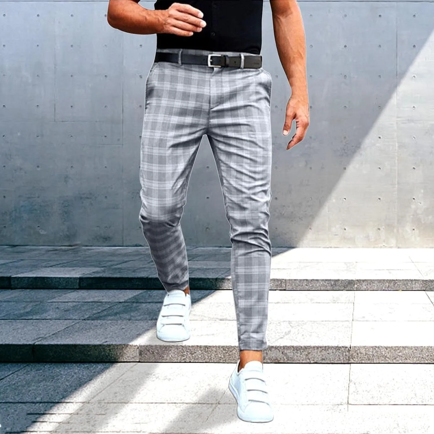 Mens Dress Pants Plaid Slim Fit Casual Golf Pants Zip Off Flat Front Stretch Business Pencil Chino Pants with Pockets