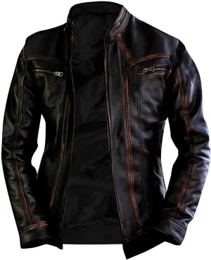 Men's Durable Leather Classic Motorcycle Protective Armored Style Biker Riding Jacket