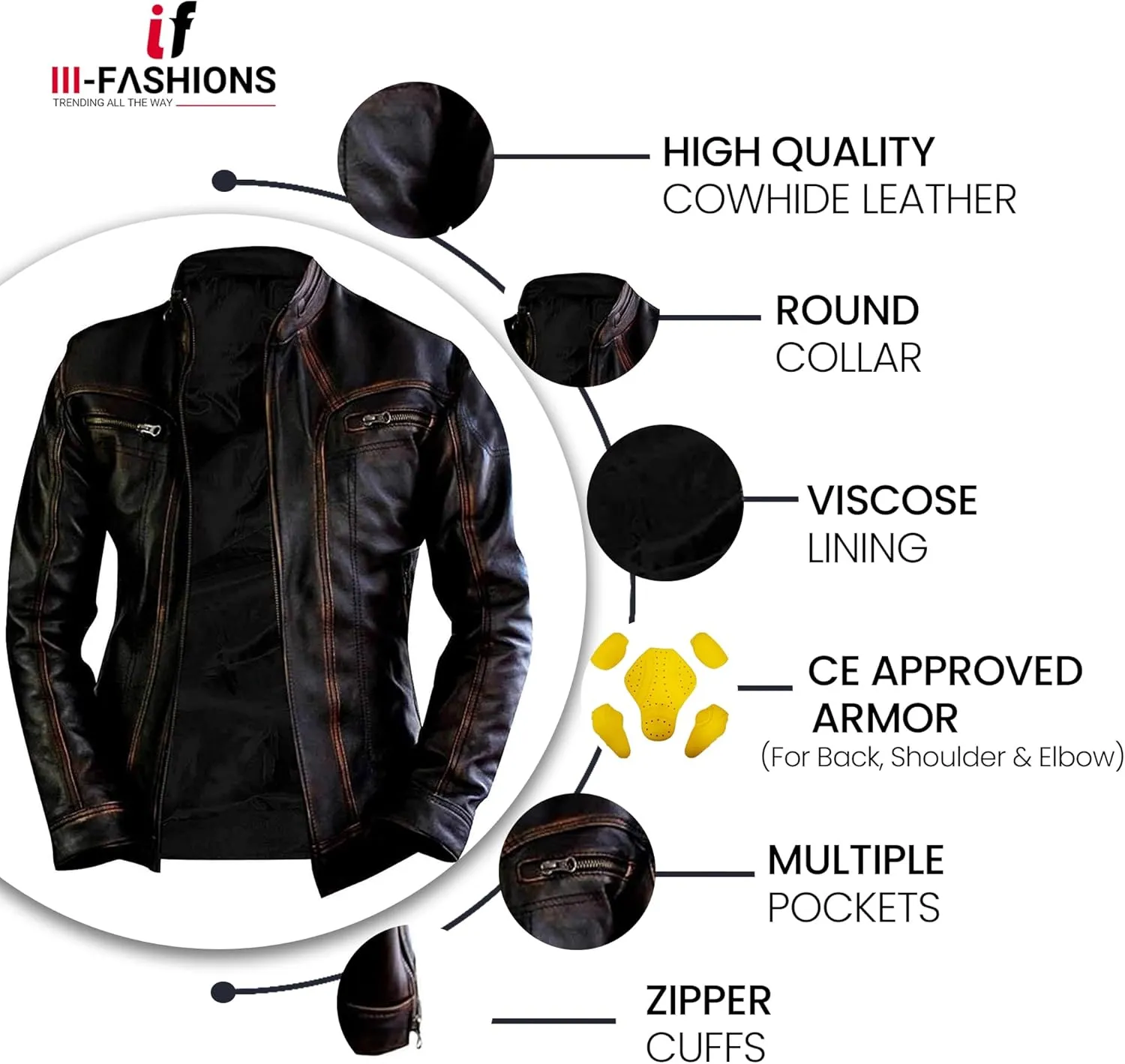 Men's Durable Leather Classic Motorcycle Protective Armored Style Biker Riding Jacket