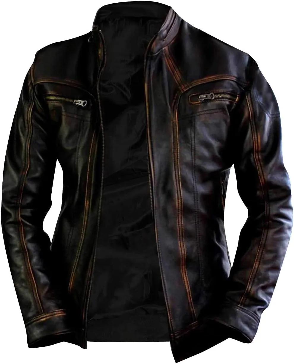 Mens Elite Vintage Motorcycle Caf Racer Jacket - Distressed Lambskin Leather Jacket