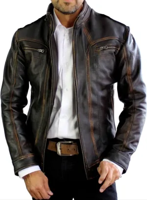 Mens Elite Vintage Motorcycle Caf Racer Jacket - Distressed Lambskin Leather Jacket