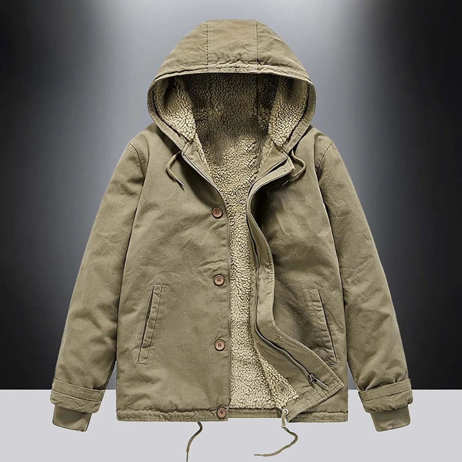 Mens Fleece Winter Coats Lambswool Warm Thick Hooded Parka Coats Pockets Drawstring Outdoor Padded Wark Cargo Jackets