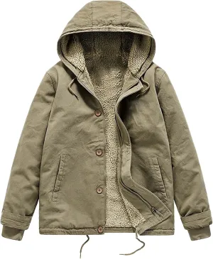 Mens Fleece Winter Coats Lambswool Warm Thick Hooded Parka Coats Pockets Drawstring Outdoor Padded Wark Cargo Jackets
